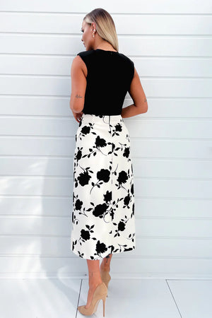 AX PARIS BLACK AND CREAM 2 IN 1 FLORAL PRINTED MIDI DRESS
