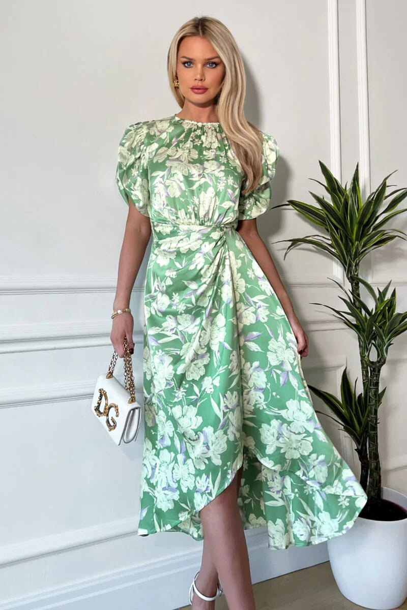 AX PARIS GREEN FLORAL PRINTED SHORT PUFF SLEEVE GATHERED SIDE MIDI DRESS