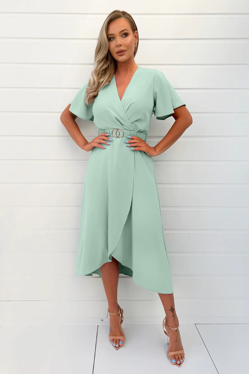AX PARIS DUCK EGG SHORT SLEEVE BELTED WRAP MIDI DRESS