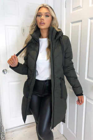 KHAKI QUILTED HOODED PUFFER COAT