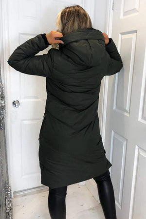 KHAKI QUILTED HOODED OVERSIZED PUFFER COAT