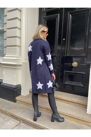 NAVY LONG STAR KNITTED CARDIGAN