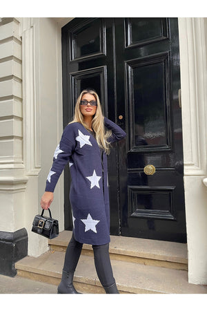 NAVY LONG STAR KNITTED CARDIGAN