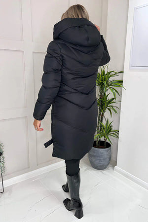 BLACK QUILTED HOODED PUFFER COAT