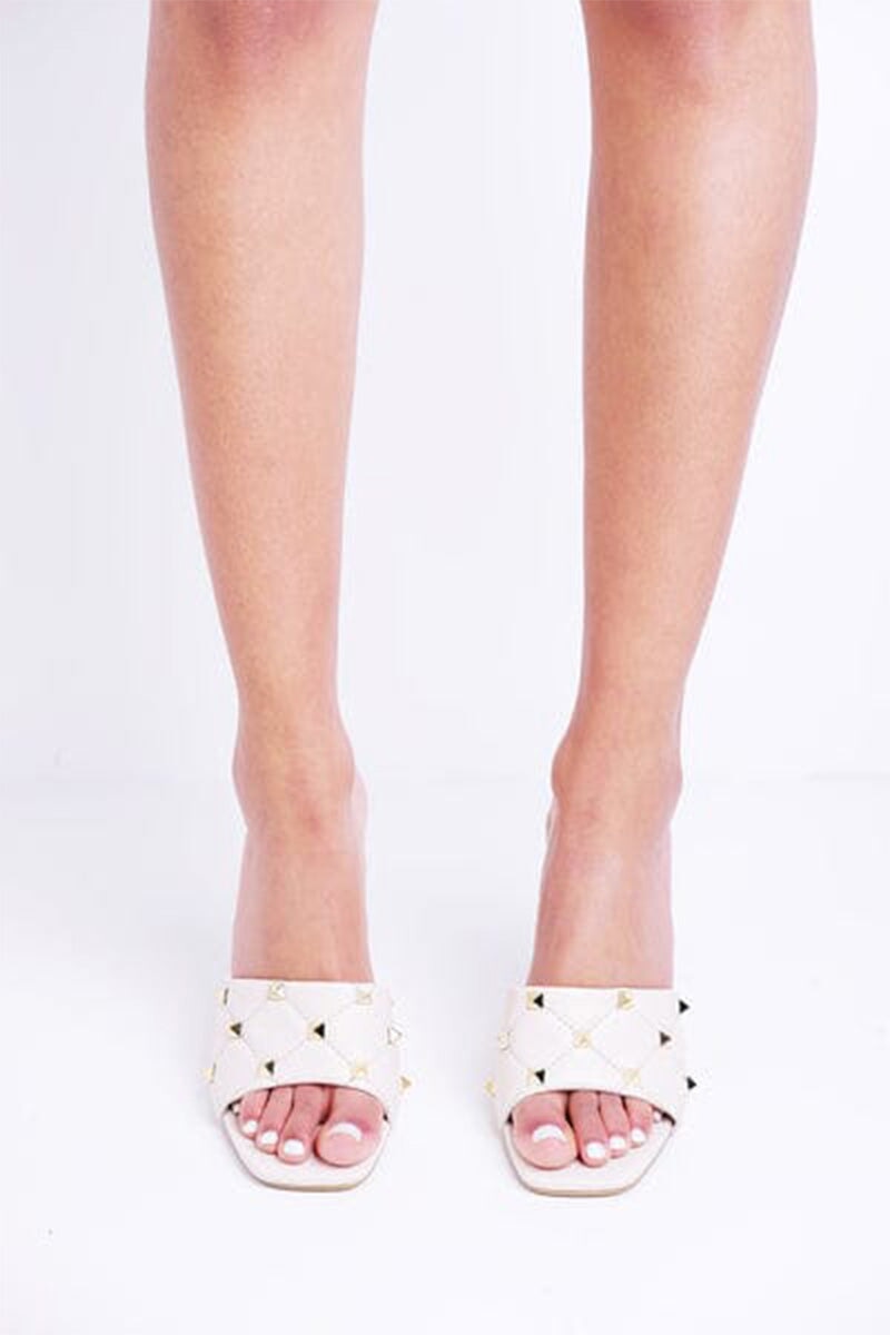 CREAM FAUX LEATHER STUDDED HEELED MULE
