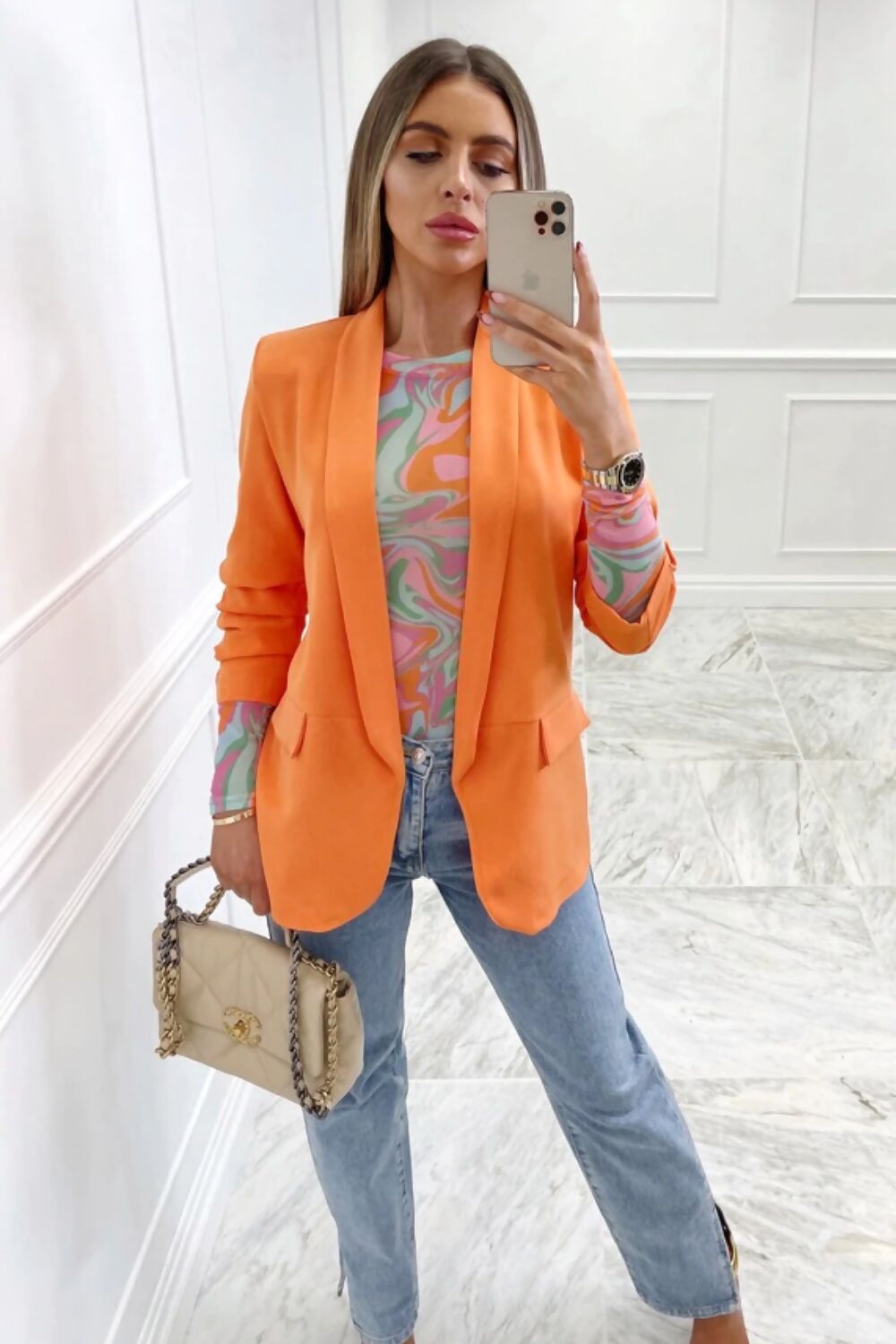 ORANGE RUCHED SLEEVE BLAZER