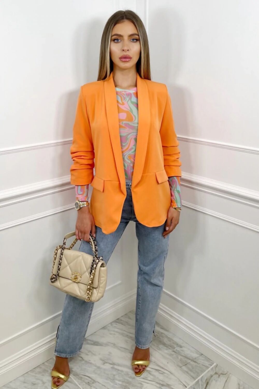 ORANGE RUCHED SLEEVE BLAZER
