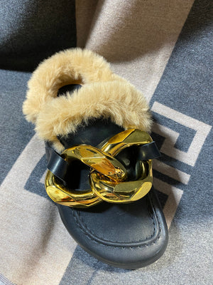 BLACK CHAIN DETAIL FAUX FUR MULES
