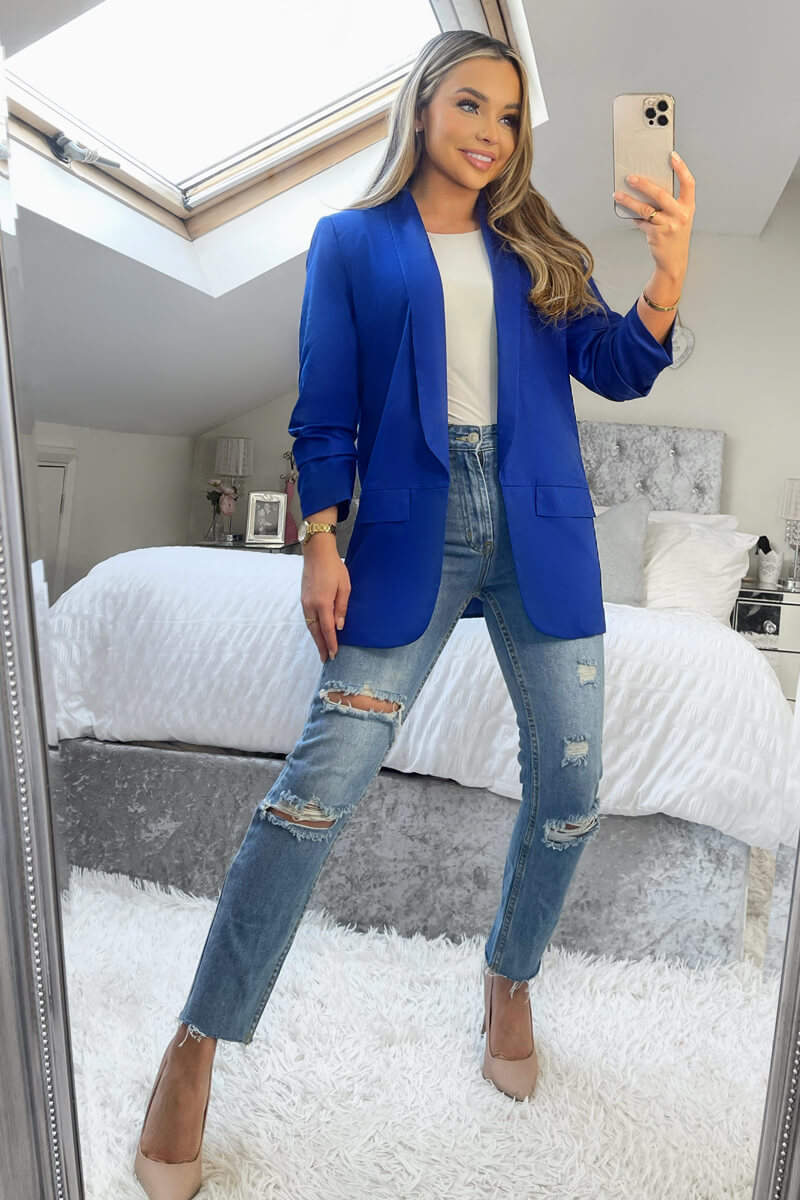 ROYAL BLUE RUCHED SLEEVE BLAZER