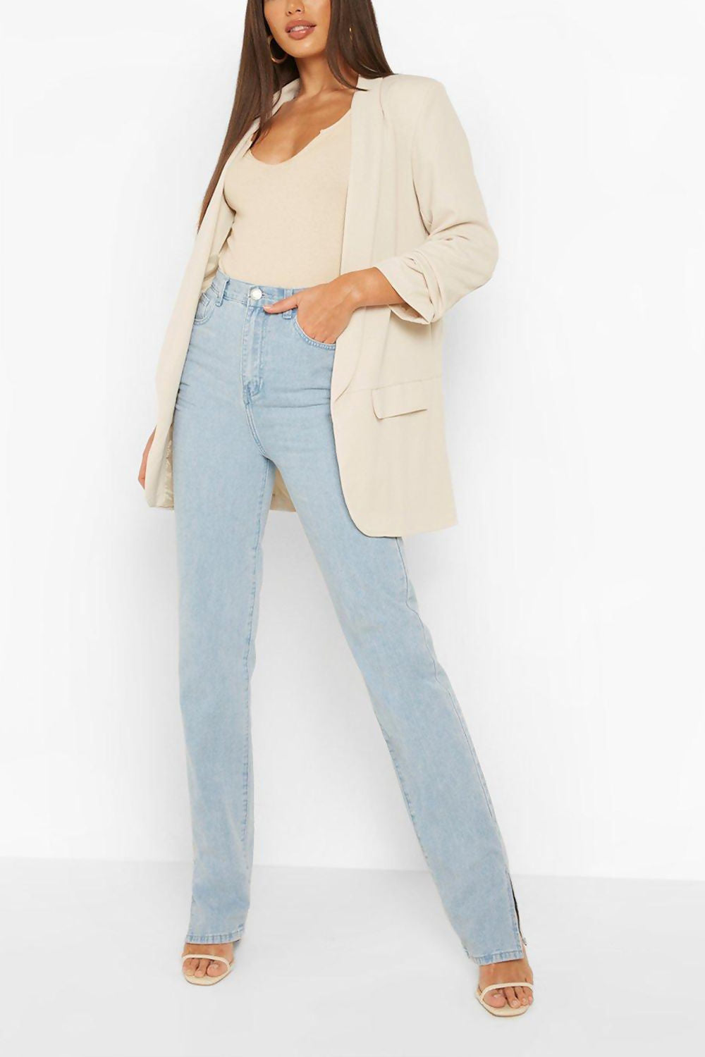 STONE RUCHED SLEEVE BLAZER