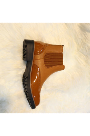 CAMEL NAPPA & PATENT BROGUE STYLE FAUX LEATHER CHELSEA BOOT