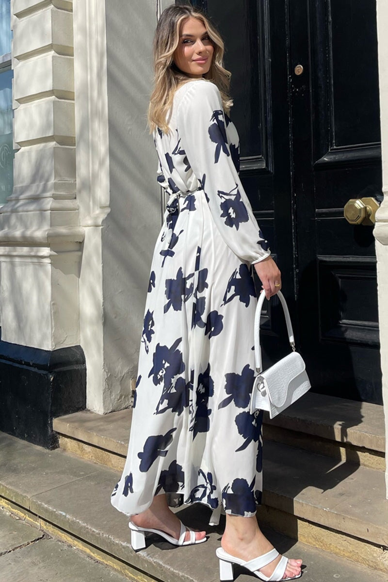 WHITE AND NAVY FLORAL V NECK EMBELLISHED CHIFFON MAXI DRESS