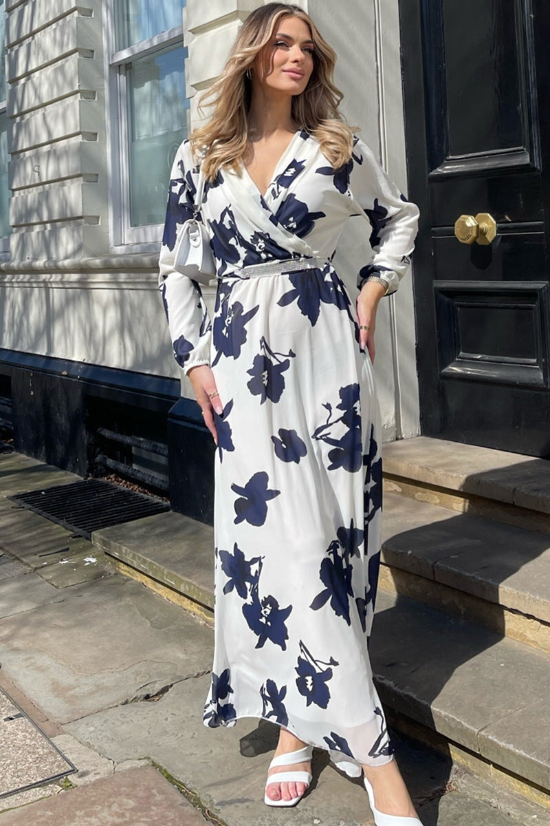 WHITE AND NAVY FLORAL V NECK EMBELLISHED CHIFFON MAXI DRESS