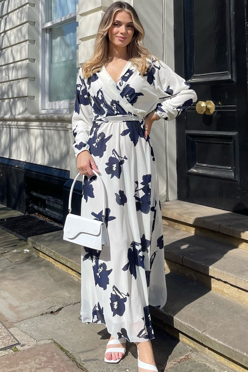 WHITE AND NAVY FLORAL V NECK EMBELLISHED CHIFFON MAXI DRESS