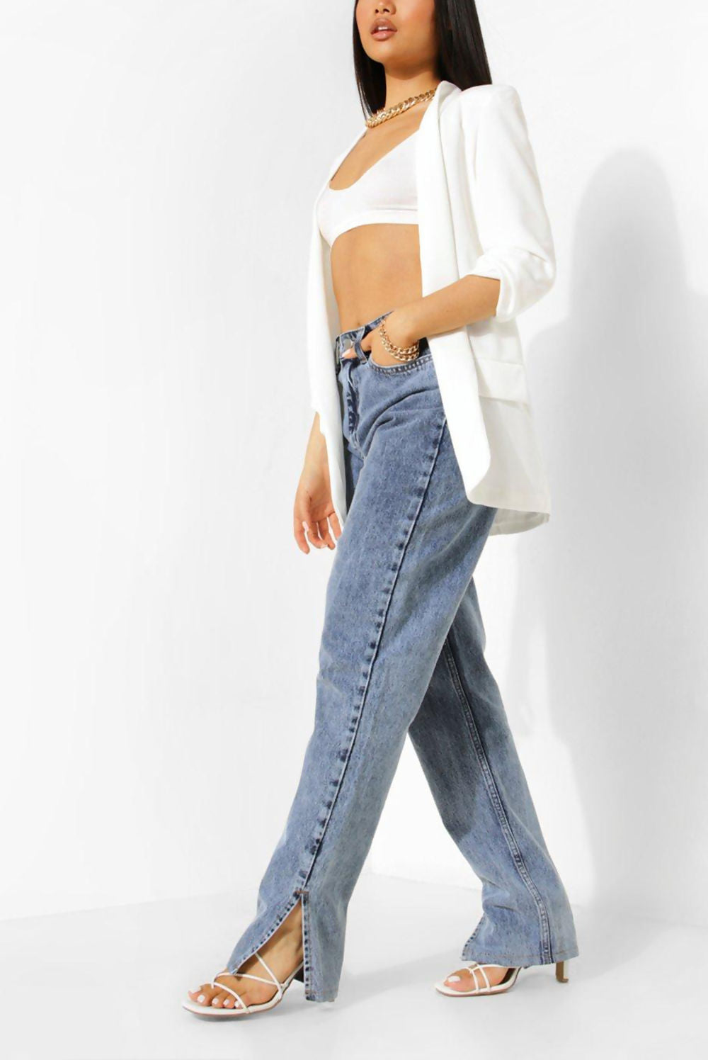 WHITE RUCHED SLEEVE BLAZER