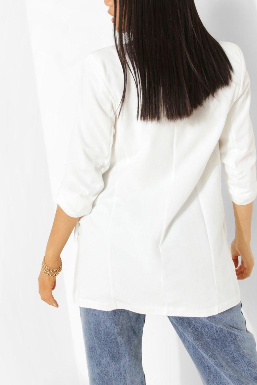 WHITE RUCHED SLEEVE BLAZER