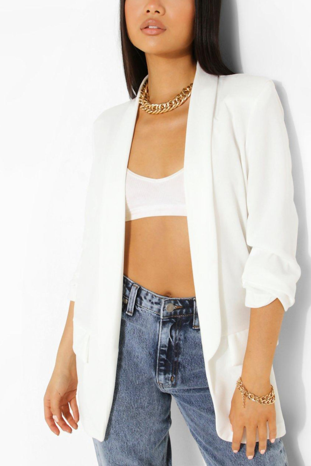 WHITE RUCHED SLEEVE BLAZER