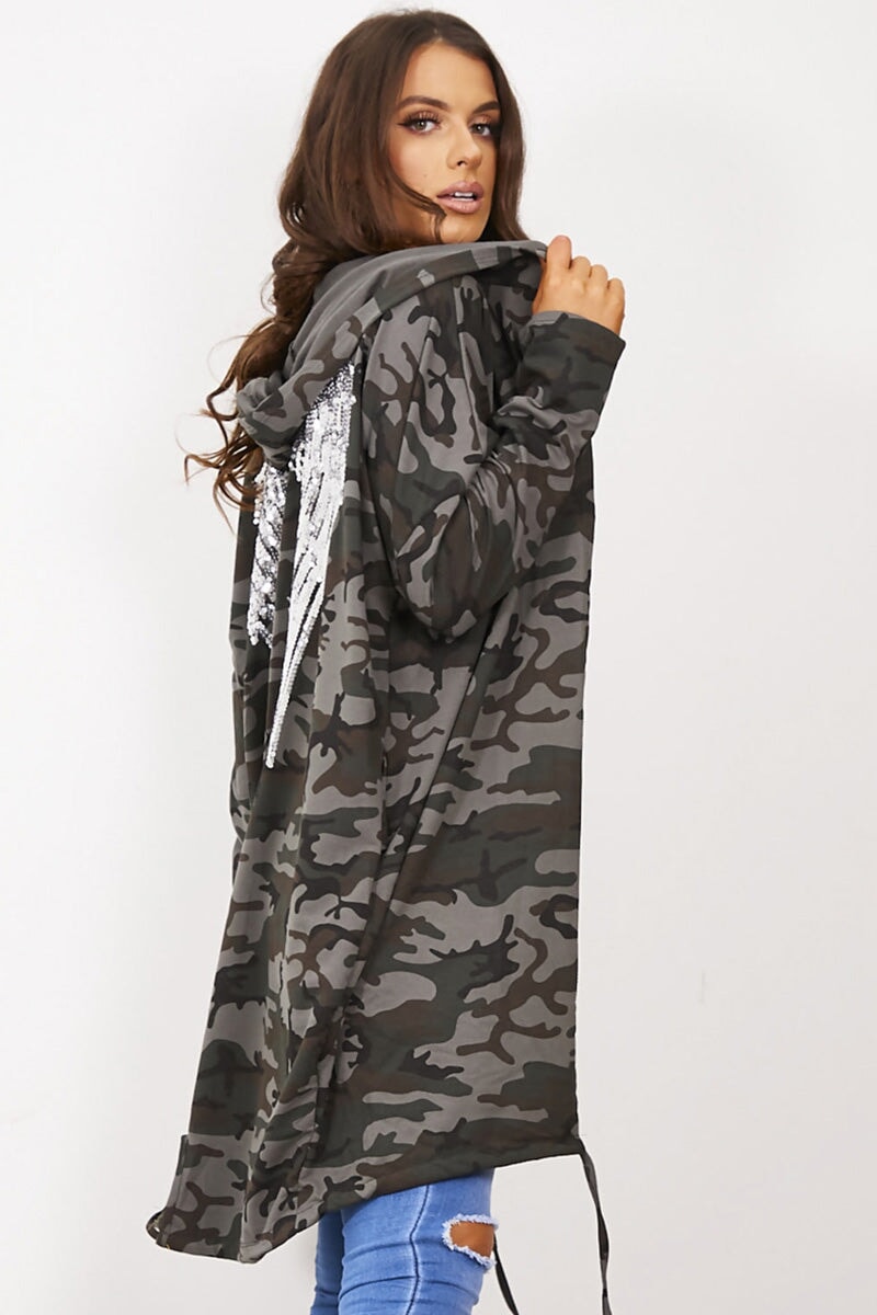 KHAKI CAMO ANGEL WING HOODED CARDI