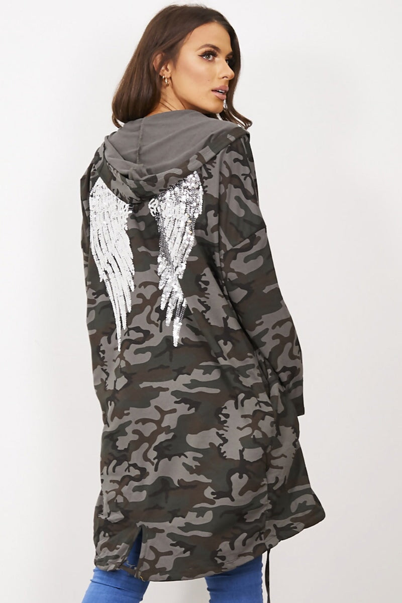 KHAKI CAMO ANGEL WING HOODED CARDI