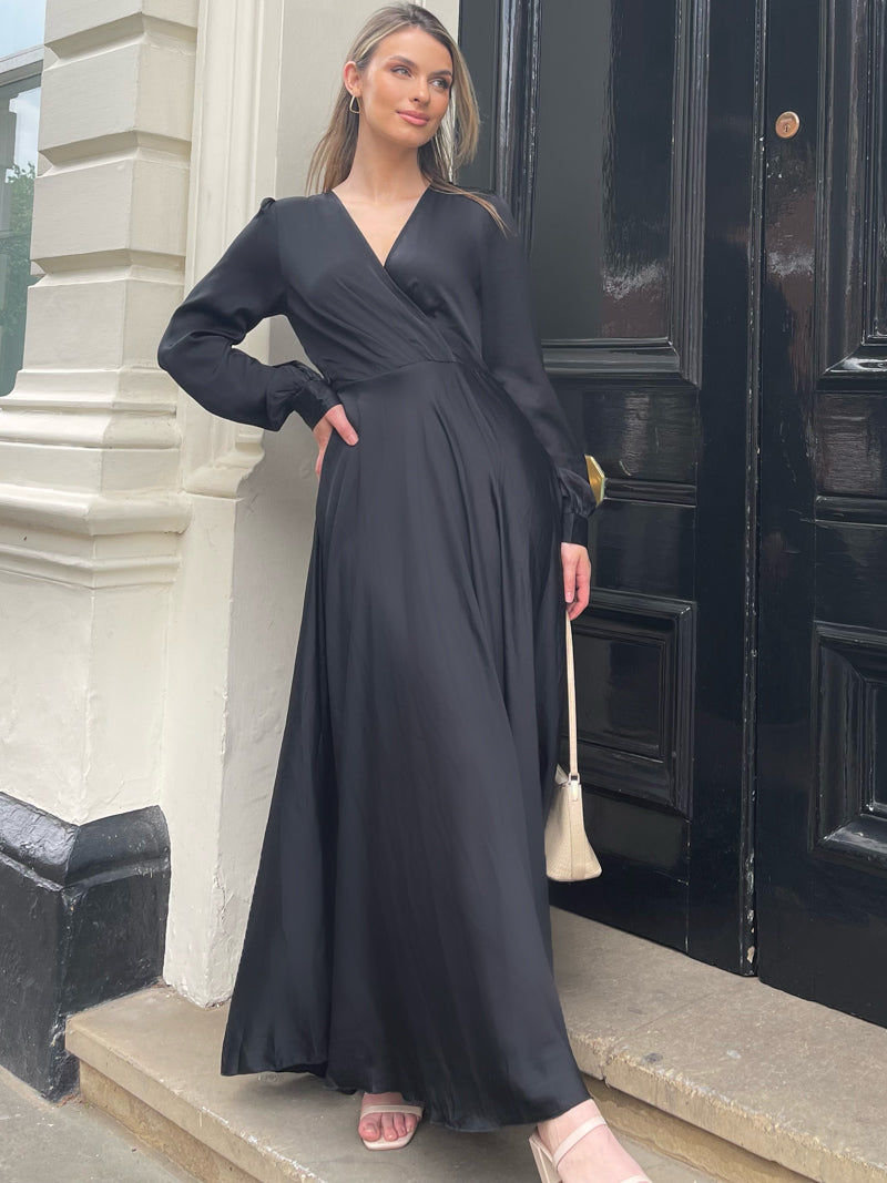 BLACK SATIN BELTED MAXI DRESS