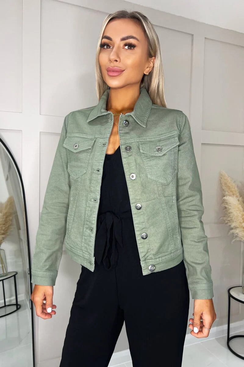 KHAKI GREEN COTTON STRETCH DENIM JACKET