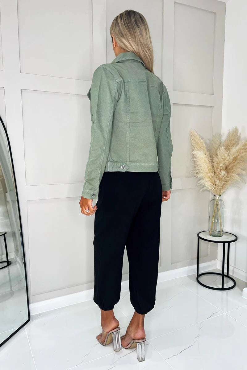 KHAKI GREEN COTTON STRETCH DENIM JACKET